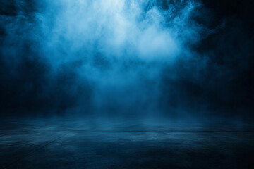 A mysterious blue smoke cloud spreading over a dark, empty surface,  soft light, creating an eerie and atmospheric abstract background.