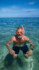 Man with gray hair and tattoos snorkeling in clear turquoise water, showcasing a serene underwater scene, suggesting relaxation and tropical vacation