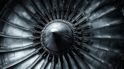 close-up view of a metallic aircraft engine turbine showcasing industrial design and engineering precision in dark tones