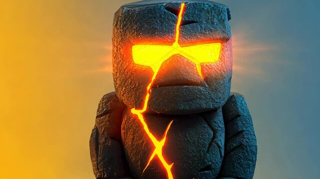 A 3D model of a stone golem with cracks glowing with orange light, standing on a round pedestal in an abstract grey and yellow space.	 A video game concept art.