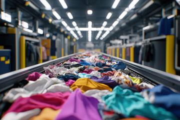 interior of industrial recycling facility, where long conveyor belt carries discarded clothing. Circular economy, recycling, sustainability, and textile waste management