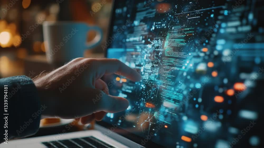 Aufkleber program developer interacts with holographic data, manipulating digital objects in augmented reality