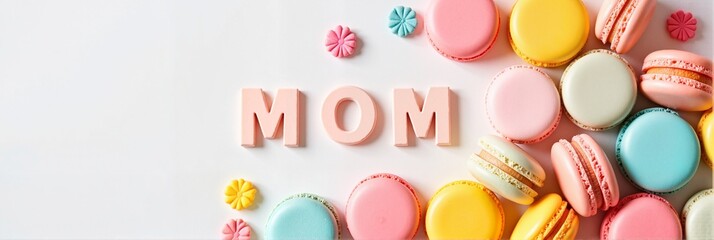 Colorful macarons and pastel letters spelling "MOM" arranged against a bright white background, cheerful concept of bakery or dessert shop