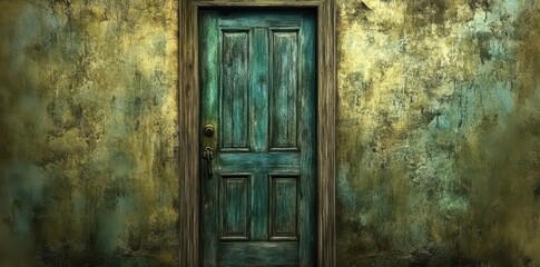 An aged teal colored wooden door set in a textured wall