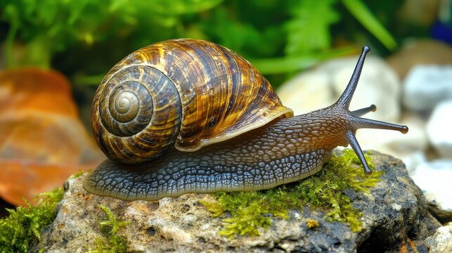 A brown snail with spiral shell crawls on green mossy rock