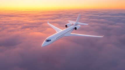 Fototapeta premium Private Jet Soaring Above Sunset Clouds: A Luxurious Aerial View