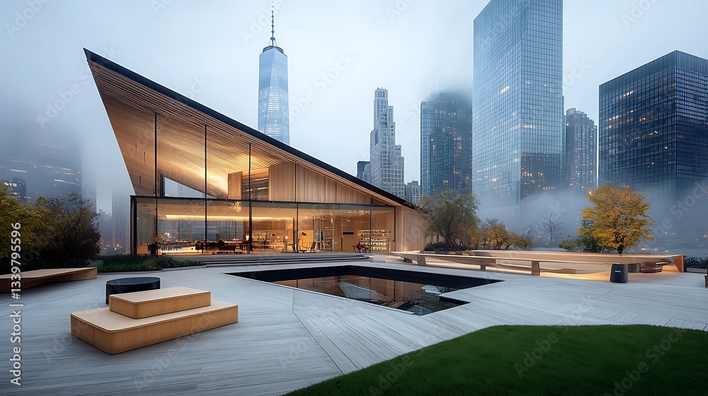 Poster modern architectural structure in urban park setting