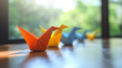 A metaphorical representation of transformation, progress, and leadership in business through innovation, symbolized by origami evolving for greater speed and efficiency