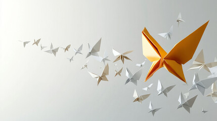 A metaphorical representation of transformation, progress, and leadership in business through innovation, symbolized by origami evolving for greater speed and efficiency