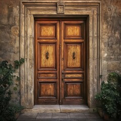 A weathered wooden door framed by stone and greenery details