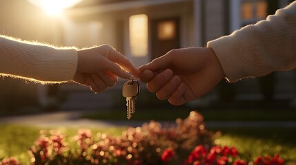 Handover of Home Keys: Two hands meet, exchanging keys in front of a beautiful home at sunset, a poignant symbol of new beginnings and homeownership.