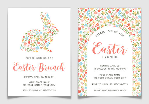 Easter Brunch Invitation Cards with Floral Bunny.