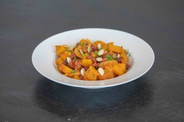 Traditional dried meat with pumpkin known in Brazil as jabá com jirimum