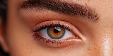 Obraz premium A close-up of a captivating human eye showcases unique colors and textures. This image represents beauty and detail in portrait photography. Ideal for artistic and commercial purposes. AI