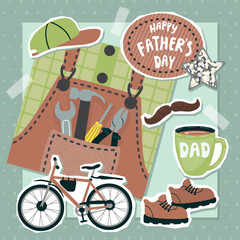 Father's Day greeting card with bike, boots and tools. Hammer, screwdriver, pliers, wrench, cap, cup, mustache, glitter star. Bckground with different textures. Vector collage with cartoon stickers.