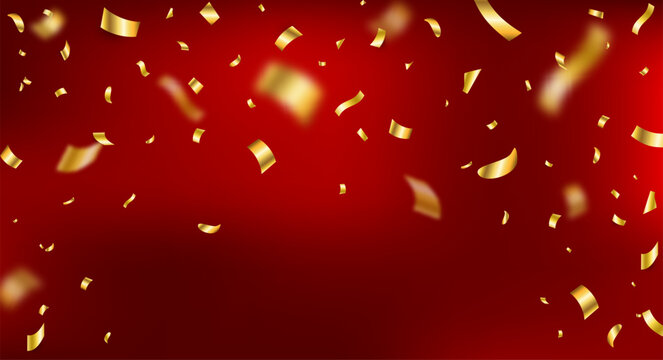 Anniversary background. Gold confetti falling frame. Winner red banner. Birthday surprise. Prize celebrate. Bright glitter flying. Holiday party. Golden festive tinsel. Vector illustration