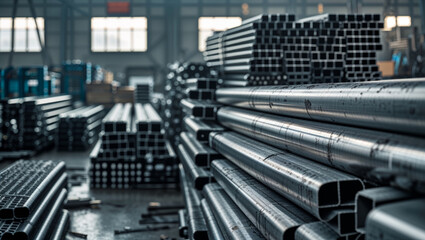 Naklejka premium Neatly stacked metal pipes and tubes showcase industrial strength and organization in a warehouse.