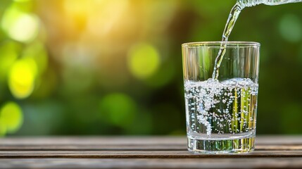 Fresh Water Pouring Into Glass Resting On Wooden Surface