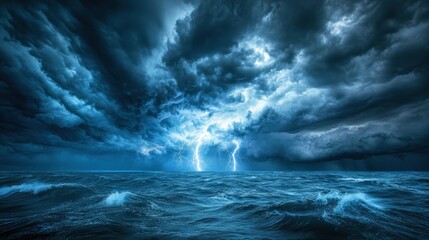 Obraz premium A dramatic ocean scene showing lightning during a violent storm