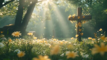 Fototapeta premium Wooden Cross Adorned With Flowers In Sunny Meadow