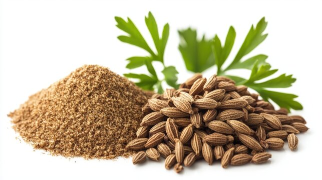 Whole cumin seeds, ground cumin, and fresh green leaves on a white background