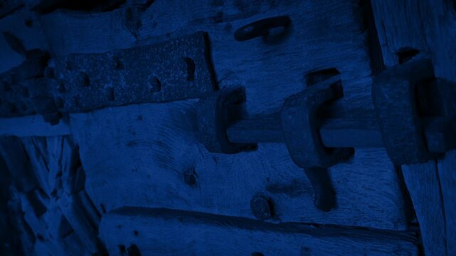 Big Lock On Castle Door At Night
