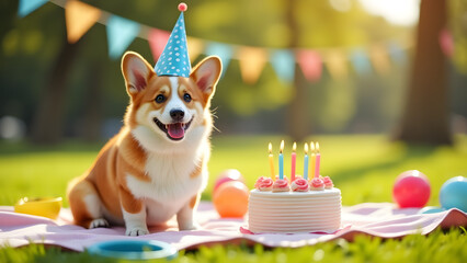 Corgi in a polka-dot blue party hat celebrates a birthday in a sunny park with a cake, balloons, bunting, and frisbees for a fun and cheerful outdoor party.