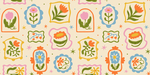 Colorful floral seamless pattern illustration. Vintage style flower frame background design. Geometric natural wallpaper print, spring season nature backdrop texture with flowers.