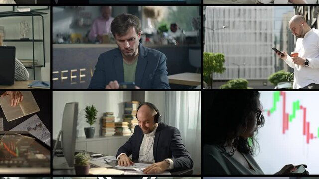 Compilation of people working online: Remote work in cafes, home offices, and outdoor areas, business communication via video calls, internet based collaboration. High quality 4k footage