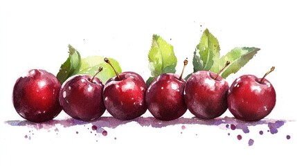 Obraz premium Watercolor Painting of Six Plums with Leaves