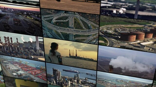 Video collage of industrial landscapes of environmental pollution. Air and environmental pollution, operation of port power plants. High quality 4k footage