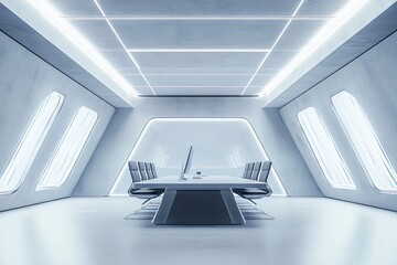 Modern office corporate interior for meeting area, futuristic conference room, high tech style boardroom for brainstorming, business concept, no people