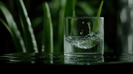 A clear glass showing splashing water with green leaves