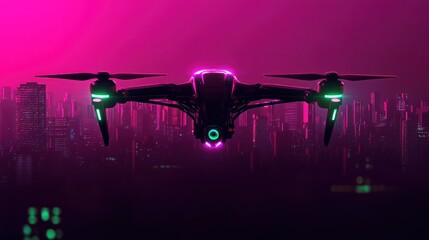 Futuristic Drone Flying in Front of Neon Lit City Scape