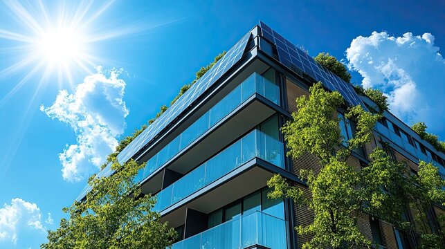 Sustainable modern building featuring solar panels and glass architecture, emphasizing energy efficiency, eco-friendly building design, and green solutions in urban development.