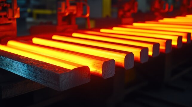Glowing hot metal rods travel on an industrial production line
