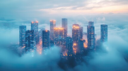 Fototapeta premium A surreal cityscape with glowing futuristic buildings rising through mist 