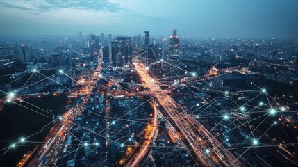 Fototapeta premium Illuminated Cityscape with Interconnected Network Lines