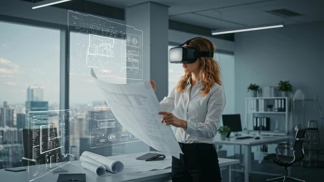 Caucasian woman architect wearing vr headset using touchscreen interface with blueprint in office. Virtual reality engineering, augmented reality motion picture.