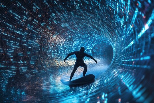 Surfer riding digital wave of information technology