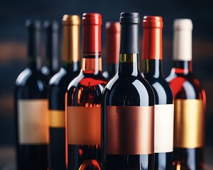 Wine bottles set on display against blurred wood backdrop