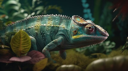 Fototapeta premium A Vibrant Chameleon Camouflaged in Lush Greenery