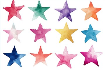 Obraz premium Water color illustration collection of colorful abstract stars of various colours. Handdrawn watercolour , cut out clipart elements for creative design, template, scrapbooking, baby shower invitation