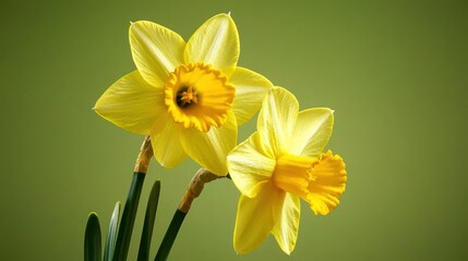 Fototapeta premium Two beautiful yellow flowers with green stems and background