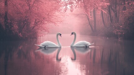 Swans gracefully glide across a serene, pastel pink lake surrounded by lush foliage, evoking tranquility and beauty, perfect for nature, wildlife, or romantic-themed photography.