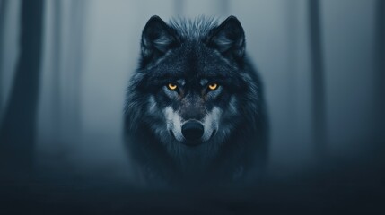 A magnificent wolf standing in a dark mysterious forest environment