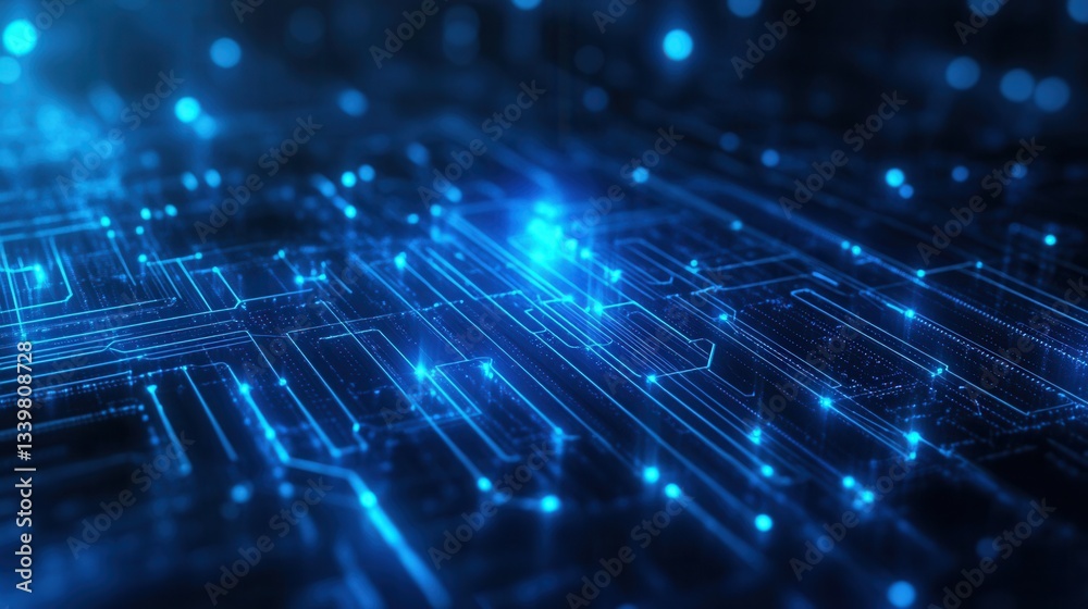 Wall mural futuristic printed circuit board pulsating with data flow in blue tone