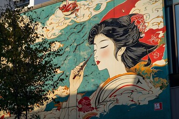 Ethereal Mural: A vibrant mural of a geisha graces an urban exterior, blending traditional Japanese aesthetics with a contemporary setting. capturing the beauty, elegance and cultural richness.