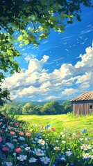 Obraz premium A vibrant illustration depicts a sunny day in a landscape