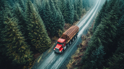 aerial view of a red logging truck transporting timber through a misty forest on a winding wet road